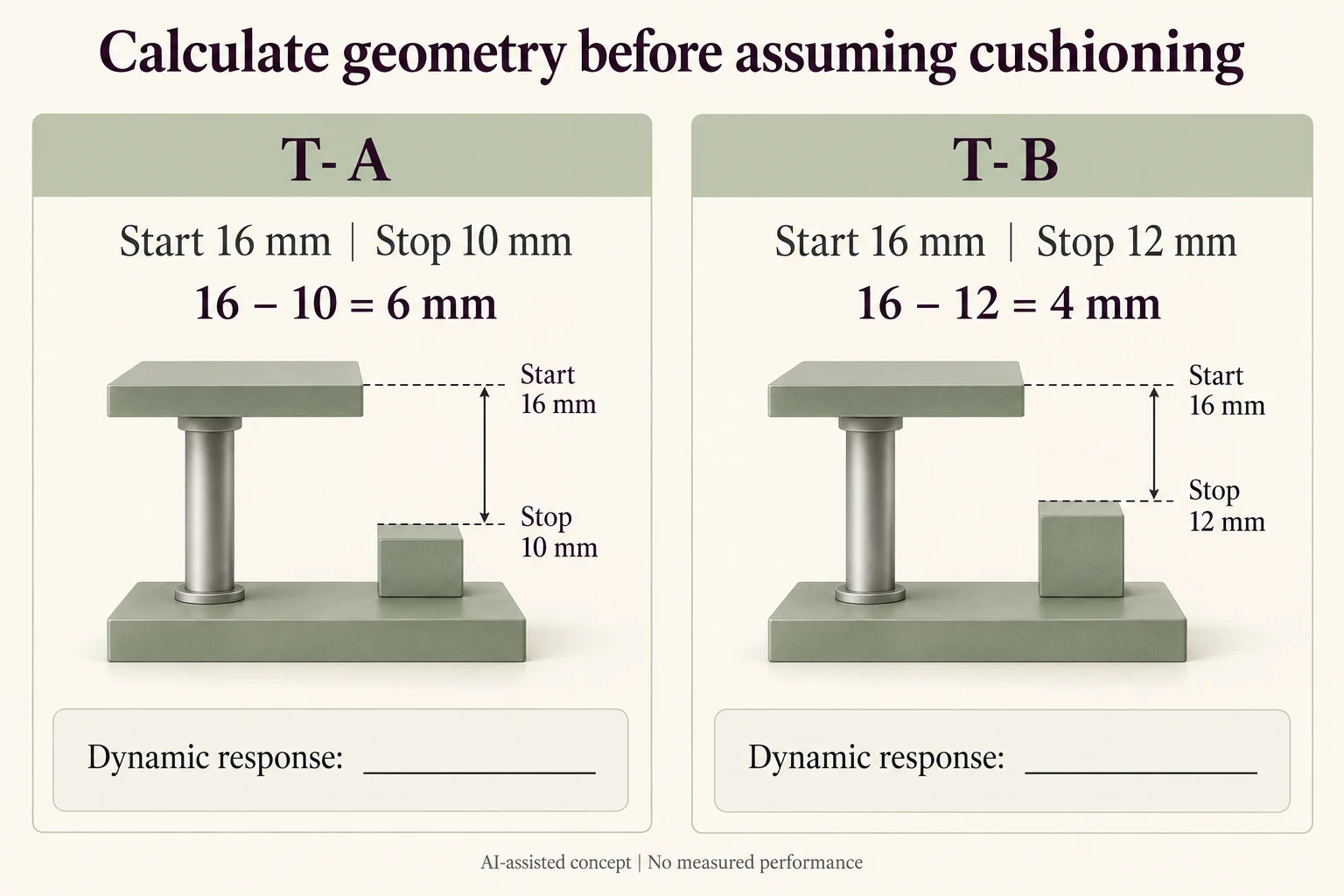 Two hypothetical coordinate cases keep start16mm while stop10 or12mm gives geometric differences6 or4mm and dynamic response blank