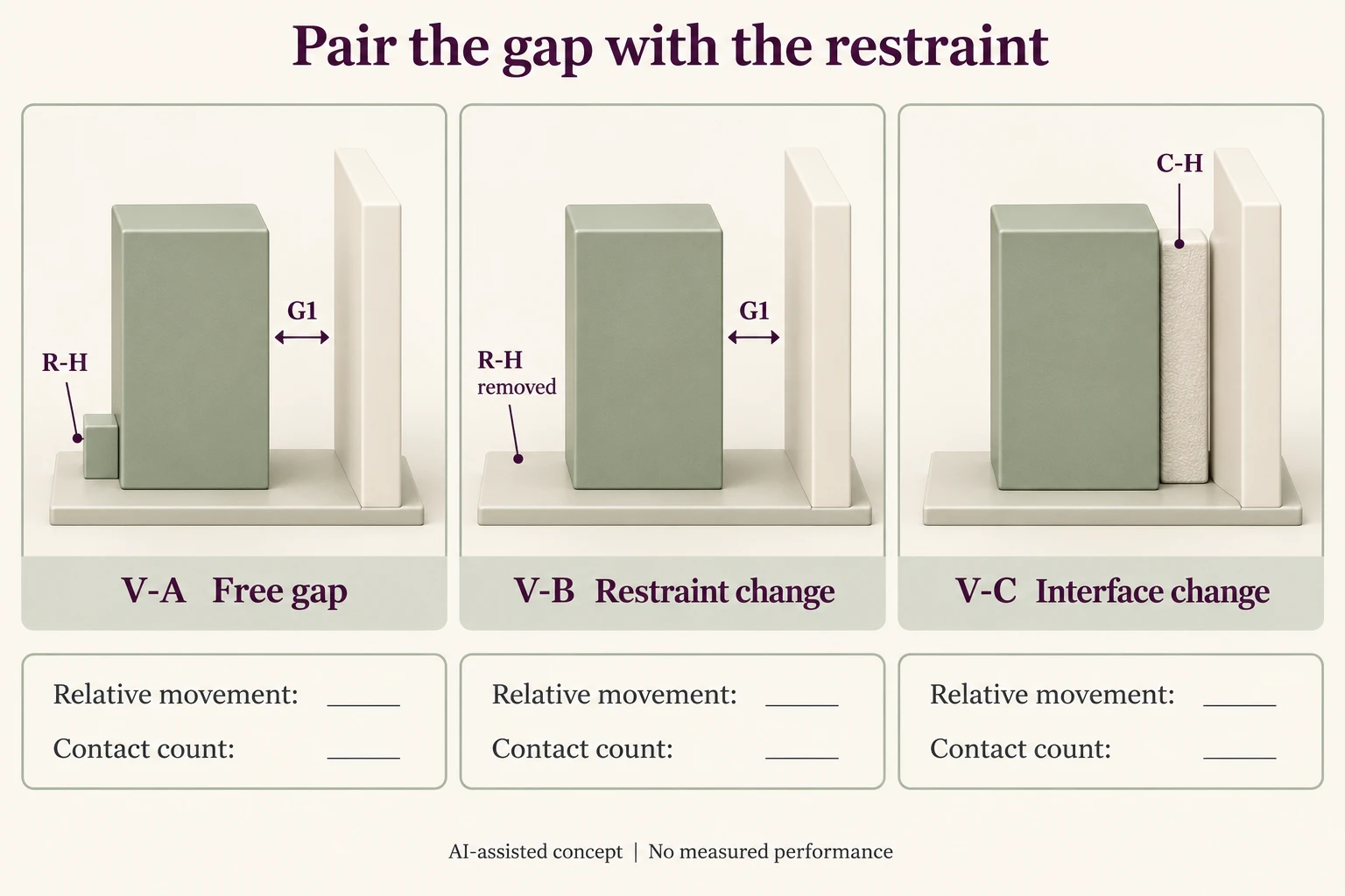 V-A and V-B retain same symbolic G1 gap but different restraint references while V-C proposes engaged contact with unknown response