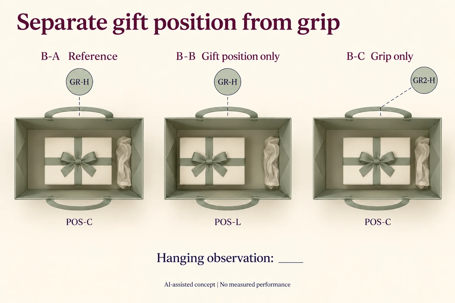 B-A and B-C retain the same centred gift and tissue positions while B-B shifts the gift left; vertical GR-H and oblique GR2-H markers distinguish proposed grip routes