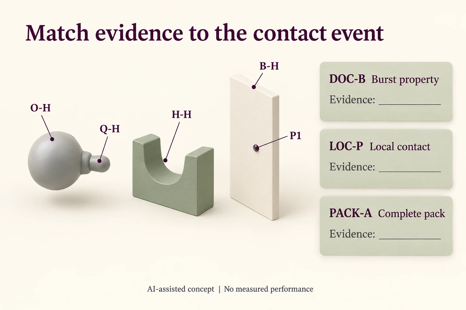Hypothetical ornament projection Q-H holder H-H and board region P1 are mapped beside separate burst and packed-system evidence cards