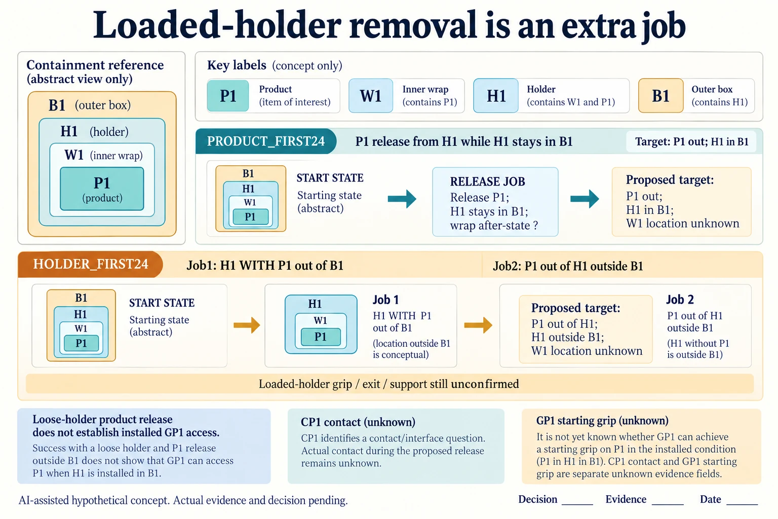 Two unreviewed release routes distinguish P1 leaving installed H1 from H1/P1 leaving B1 before a separate product release.