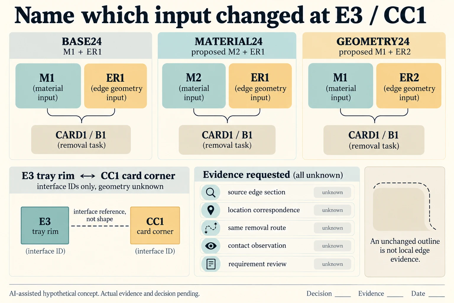 Three candidate references keep E3/CC1 identifiable while changing material or edge revision separately; contact evidence remains unknown.