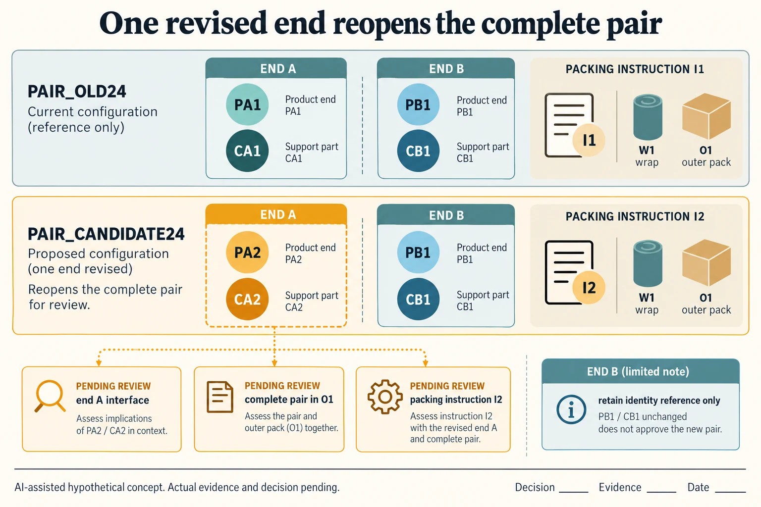 A proposed PA2/CA2 change at end A retains PB1/CB1 at end B but requires complete-pair and packing evidence.