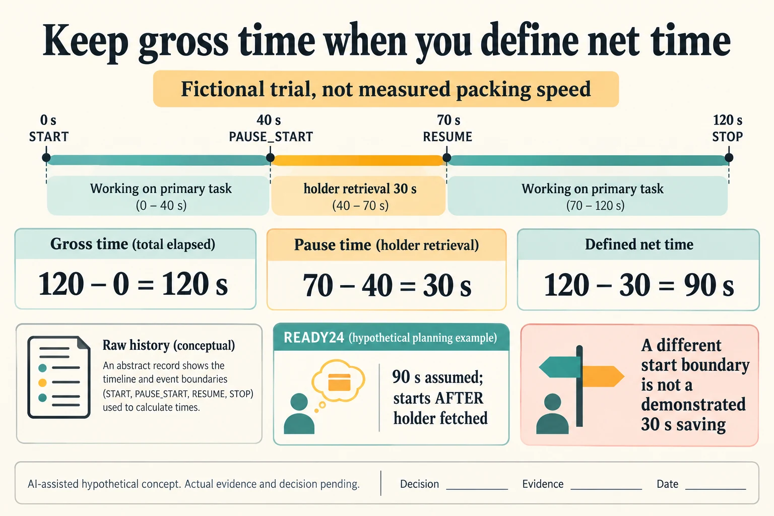 An invented 0–120 s timeline retains the 40–70 s retrieval pause and distinguishes gross120 s from defined net90 s.