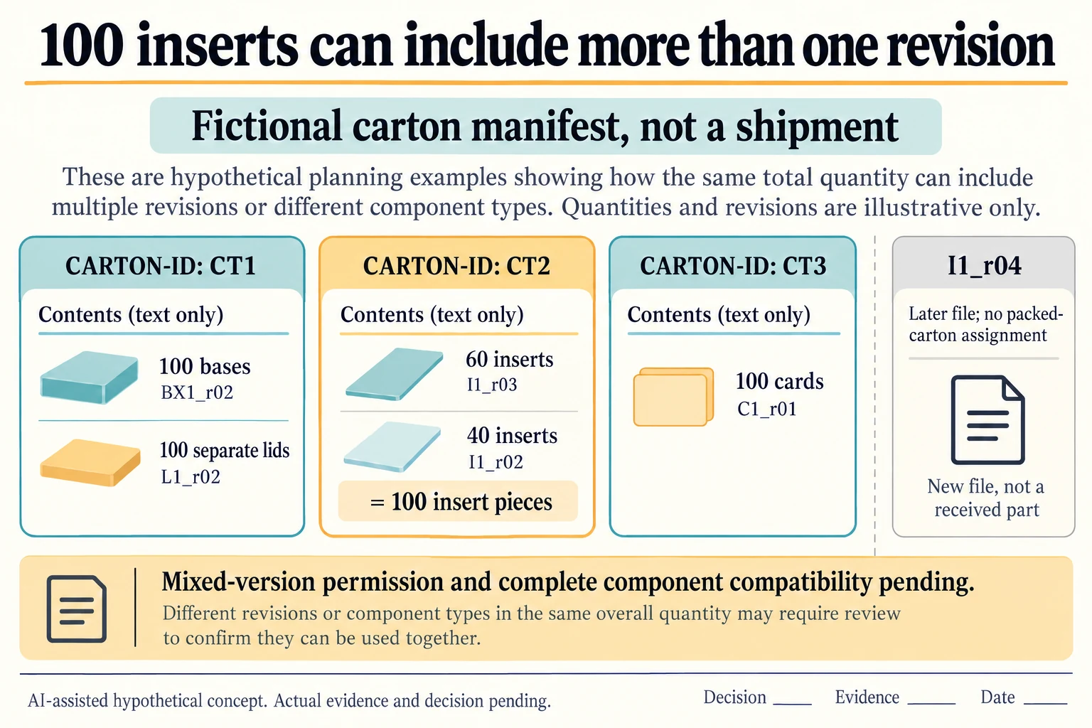CT2 holds60assumed I1_r03 and 40 I1_r02 inserts, while bases, lids and cards stay in separately named carton rows.