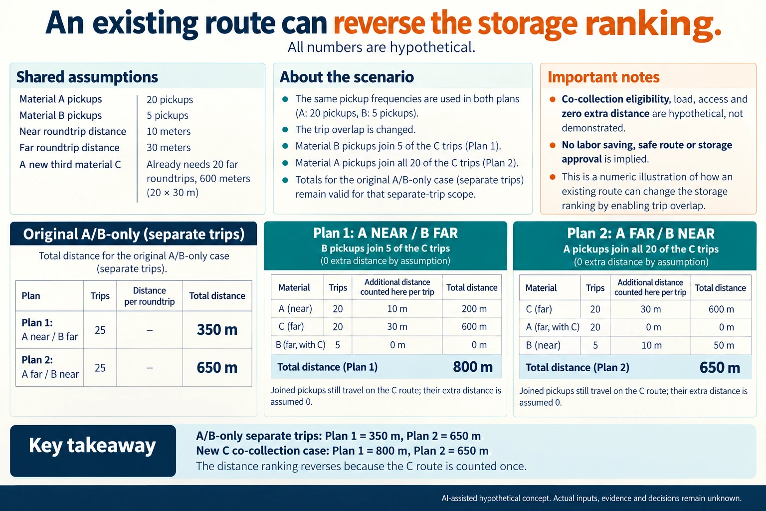 Hypothetical concept: Count the existing route once before ranking storage positions. Actual inputs, evidence, physical suitability and decisions remain unknown.