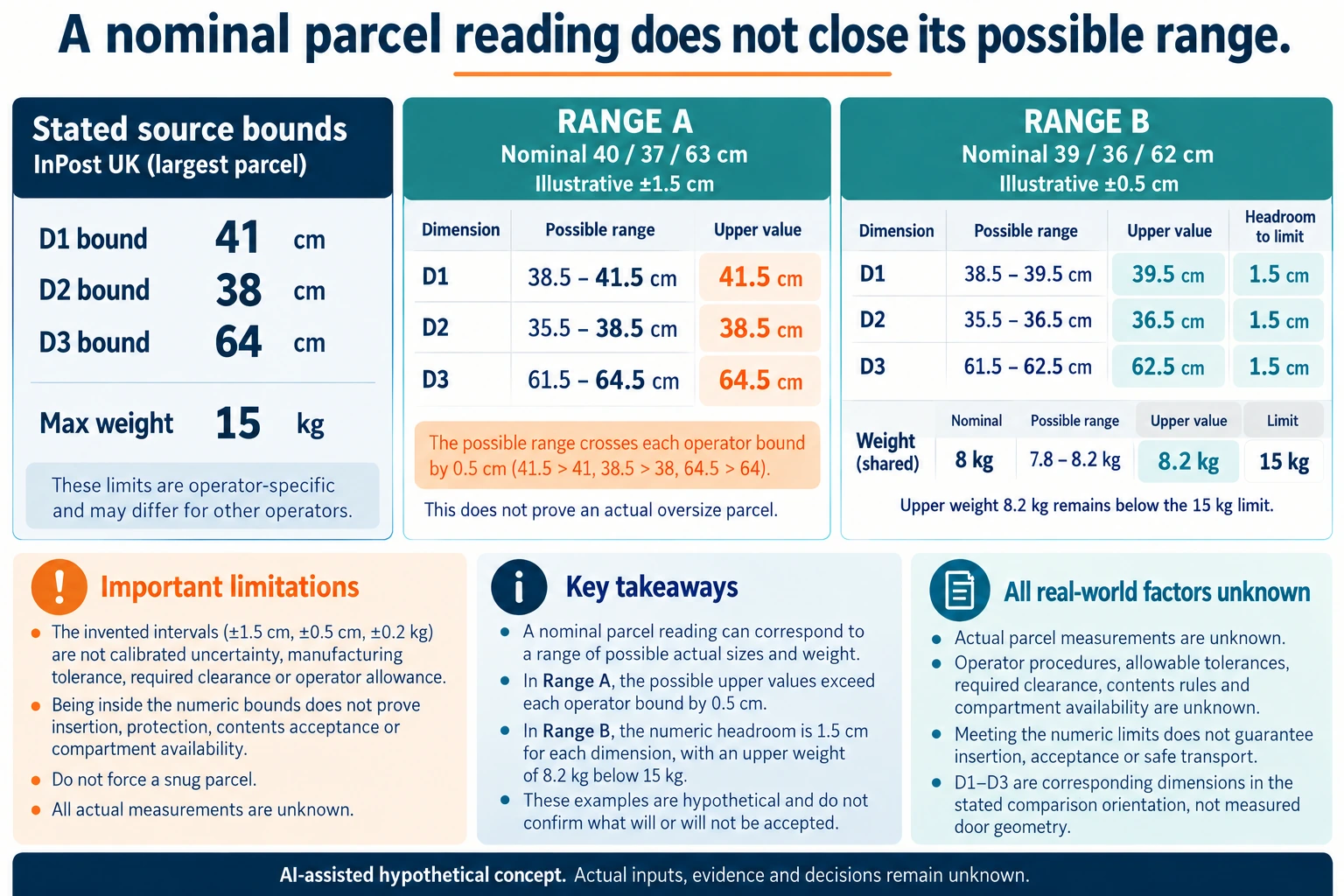 Hypothetical concept: Keep the possible measurement range beside the parcel reading. Actual inputs, evidence, physical suitability and decisions remain unknown.