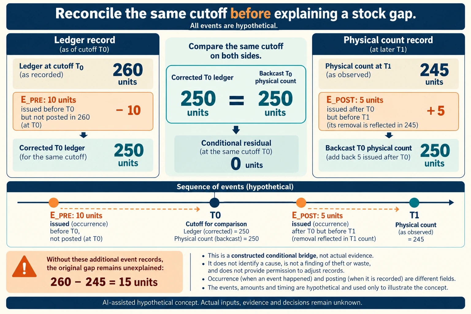 Hypothetical concept: Bring the ledger and physical count back to the same cutoff. Actual inputs, evidence, physical suitability and decisions remain unknown.
