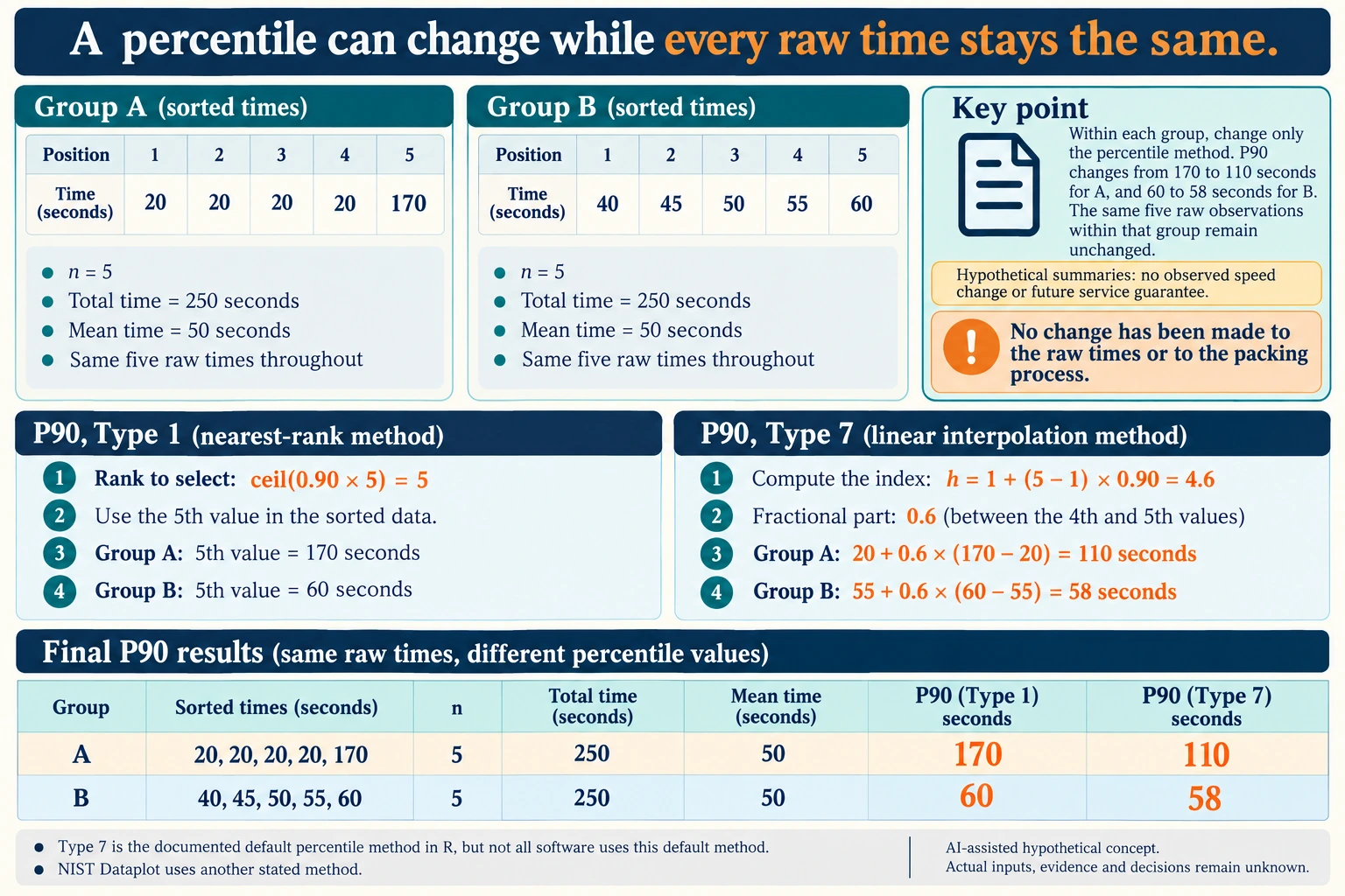 Hypothetical concept: Hold the raw times fixed when comparing percentile methods. Actual inputs, evidence, physical suitability and decisions remain unknown.