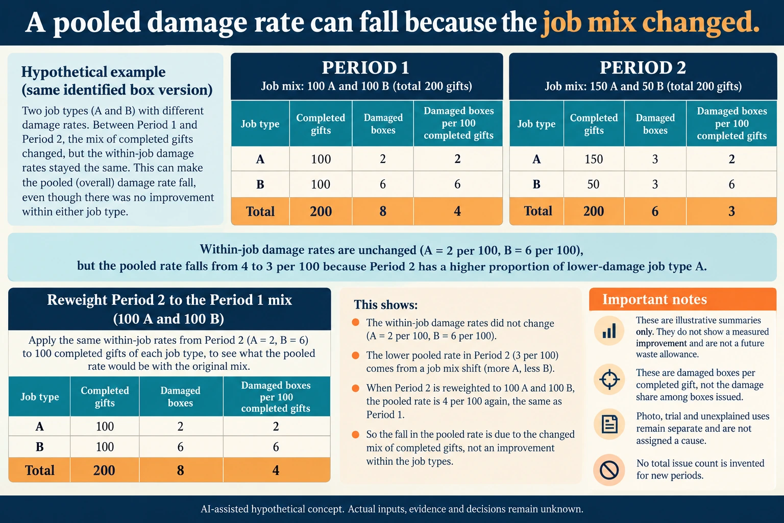 Hypothetical concept: Hold the job mix fixed before claiming a lower consumption rate. Actual inputs, evidence, physical suitability and decisions remain unknown.