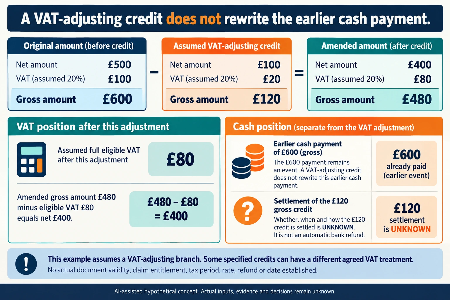 Hypothetical concept: Keep a VAT-adjusting credit separate from its cash settlement. Actual inputs, evidence, physical suitability and decisions remain unknown.