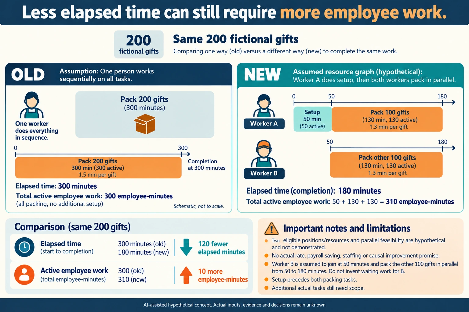 Hypothetical concept: Report employee work and elapsed completion as different measures. Actual inputs, evidence, physical suitability and decisions remain unknown.