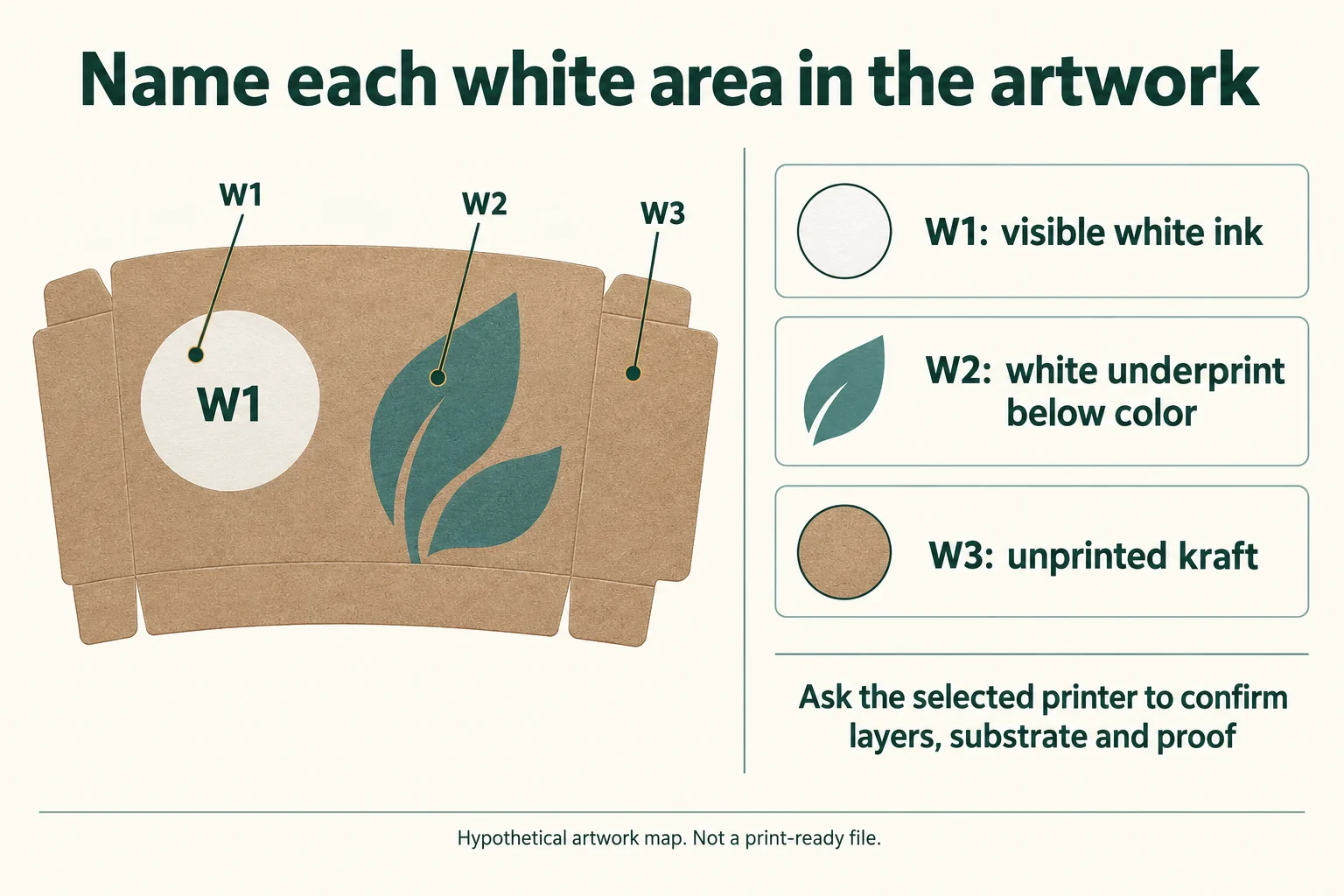 Hypothetical kraft artwork labels W1 visible white logo, W2 underprint beneath leaves and W3 unprinted margin.