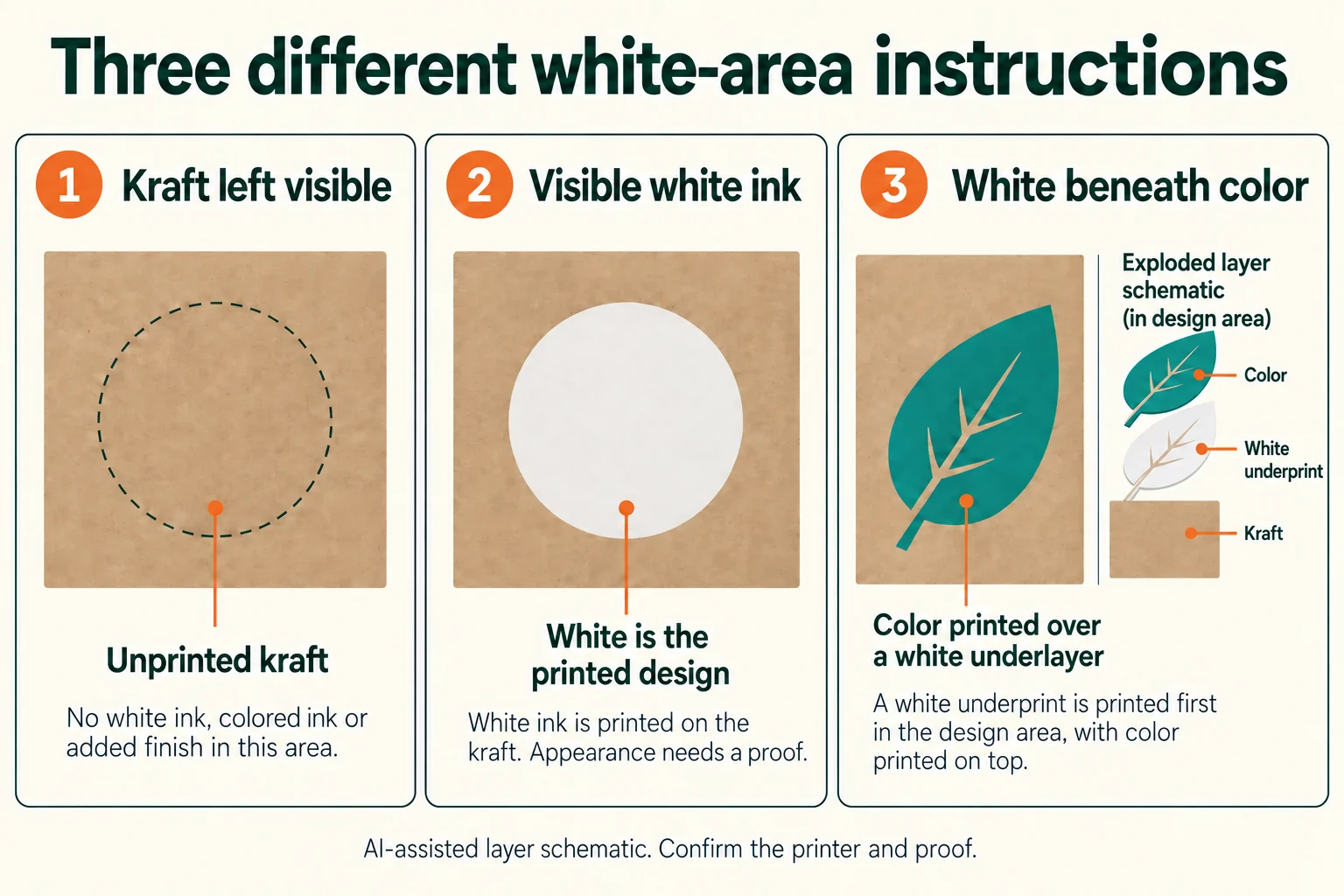 Kraft left unprinted, visible white ink and color above a white underprint compared as separate layer instructions.