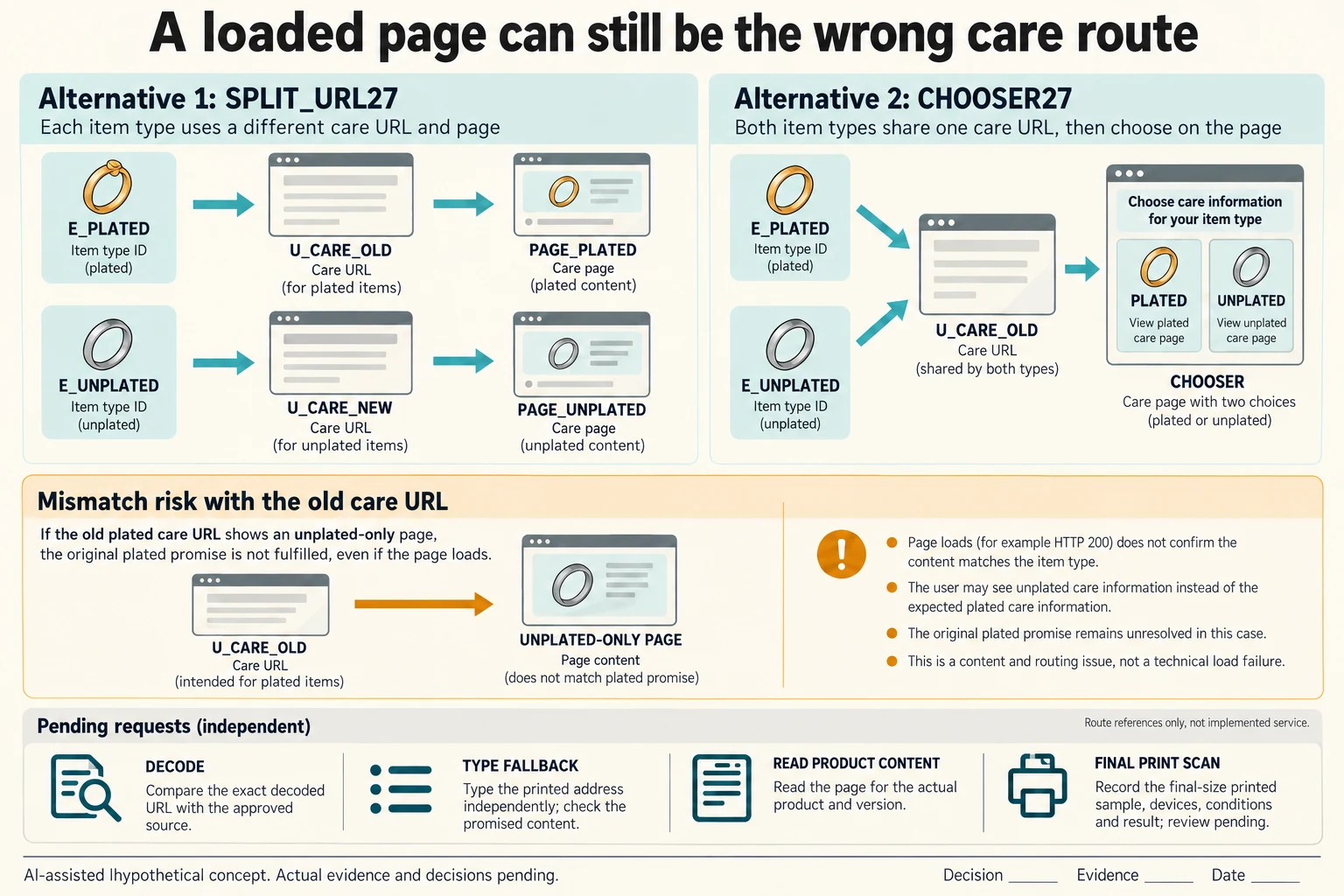 Two hypothetical routing alternatives preserve the older plated edition’s care promise; a separate migration mismatch shows why page loading alone is insufficient.