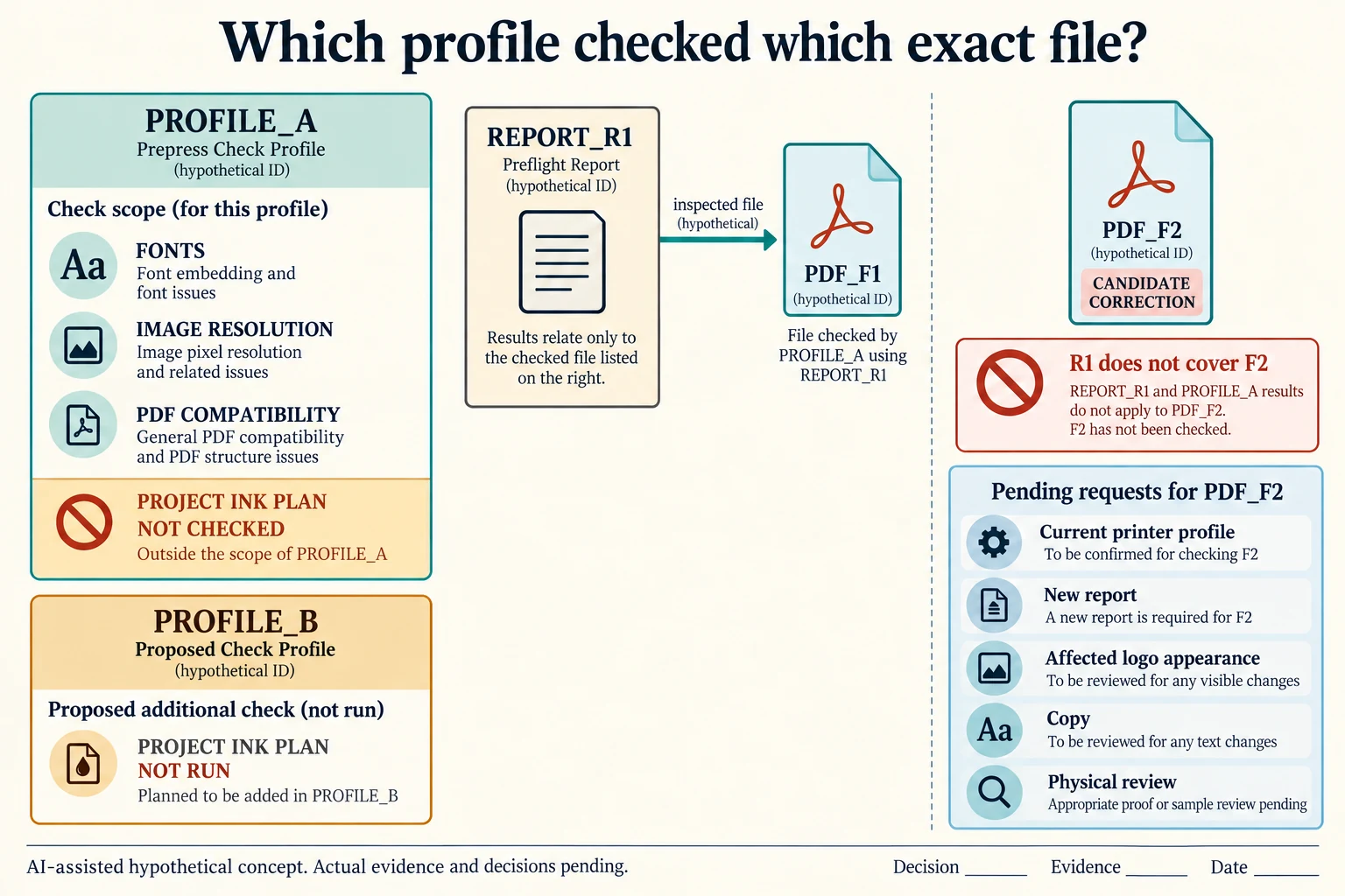 An invented profile scope omits an ink-plan check, while a report tied to PDF_F1 cannot cover the proposed PDF_F2 correction.