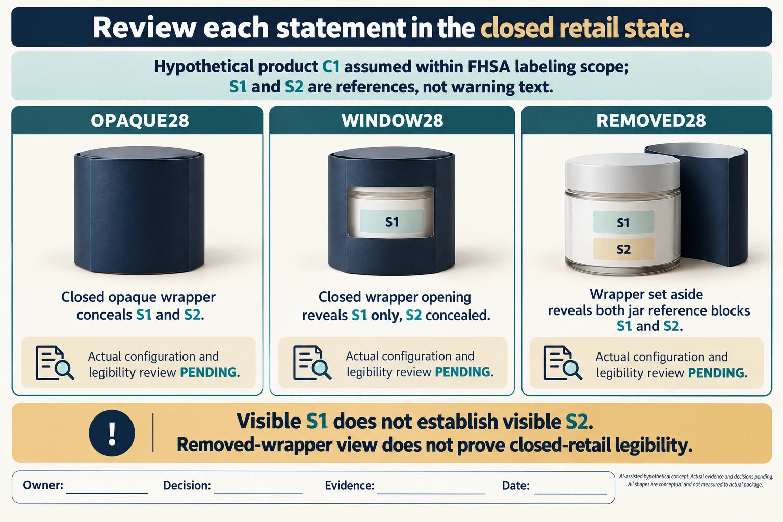 Hypothetical closed opaque wrapper conceals S1 and S2; a window reveals only S1; removal reveals both but does not establish closed-retail legibility. No warning text or compliance result is supplied.