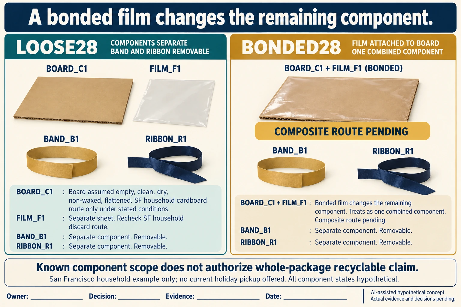 Two hypothetical revisions share removable band and ribbon; the loose sheet can be separated in LOOSE28, while bonded film plus board stays one unresolved composite in BONDED28. No peeling or collection test is shown.