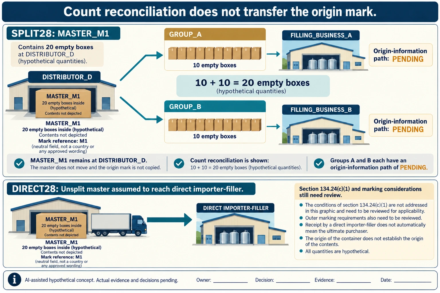 A hypothetical master of 20 empty boxes stays at distributor D while two 10-box groups reach separate filling businesses; counting reconciles but master-carton marking does not automatically transfer.