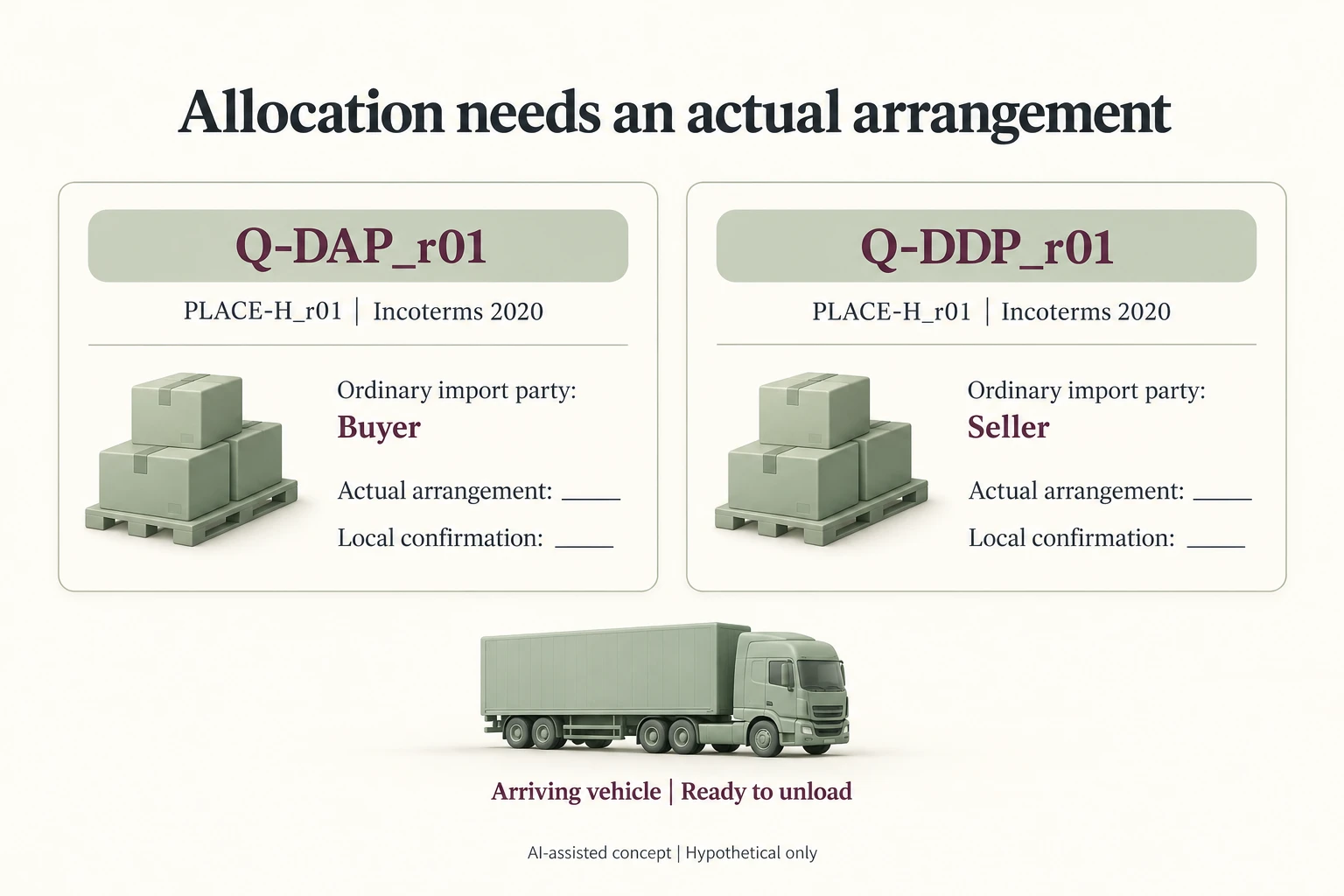 Q-DAP_r01 and Q-DDP_r01 share PLACE-H_r01 with buyer and seller import-allocation cards and blank actual-arrangement fields