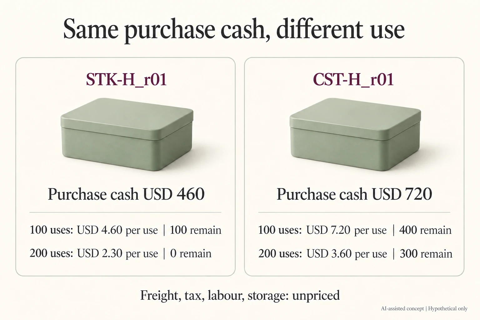 Hypothetical STK-H_r01 and CST-H_r01 keep cash460 and720 fixed while100 or200 uses change cash-per-used-box and leftovers