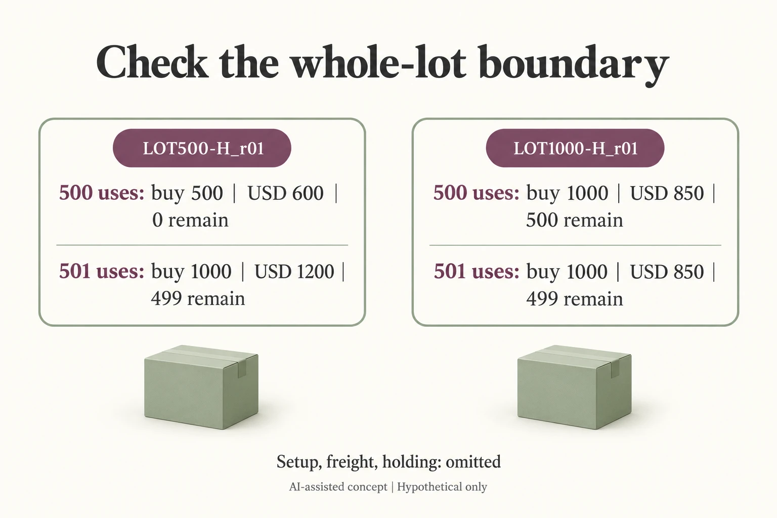 Hypothetical LOT500-H_r01 and LOT1000-H_r01 compare500 and501 uses with exact whole-lot purchases cash and remaining units