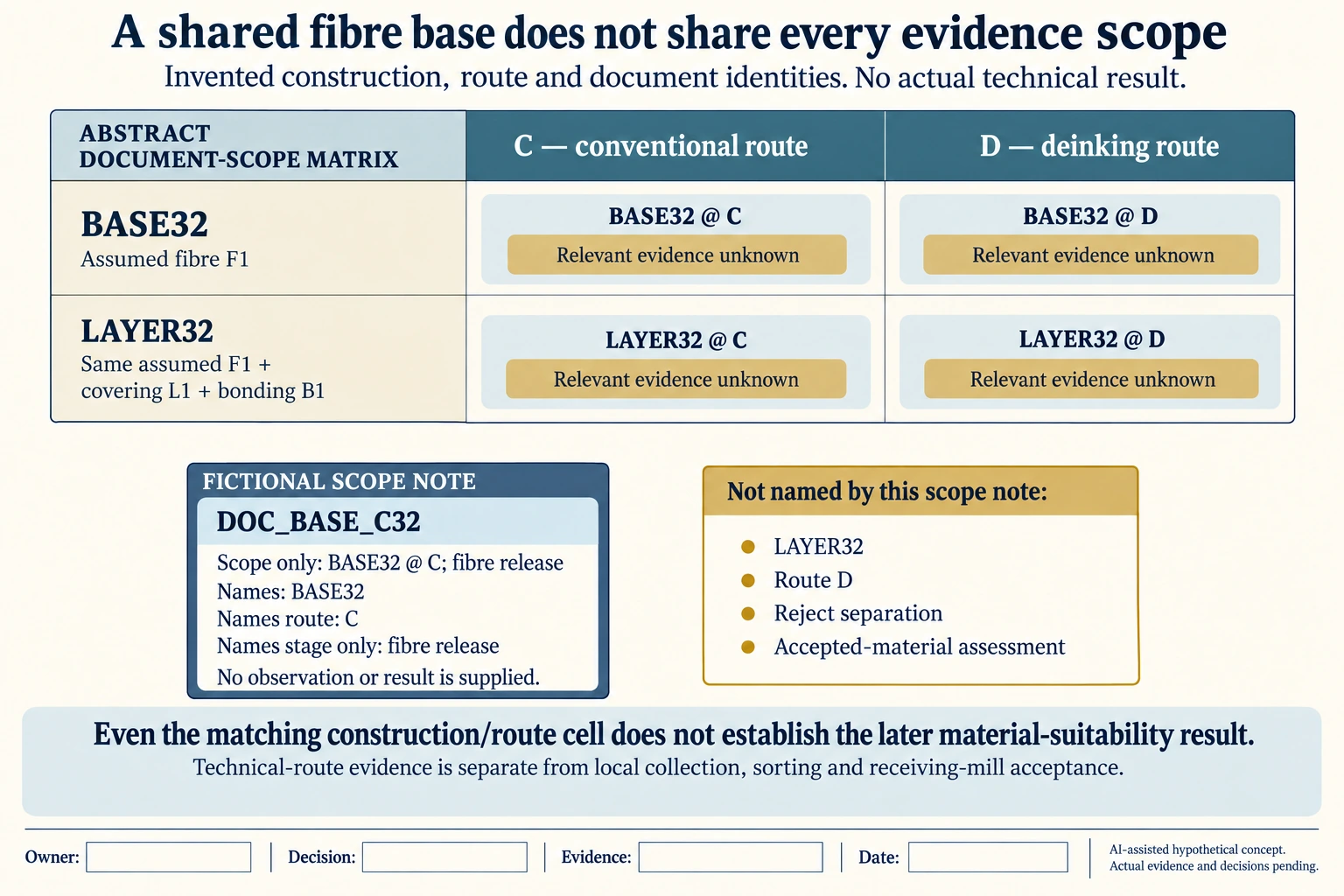 Hypothetical construction-route matrix for BASE32 and LAYER32 with four unknown evidence cells and a limited fictional fibre-release scope note.