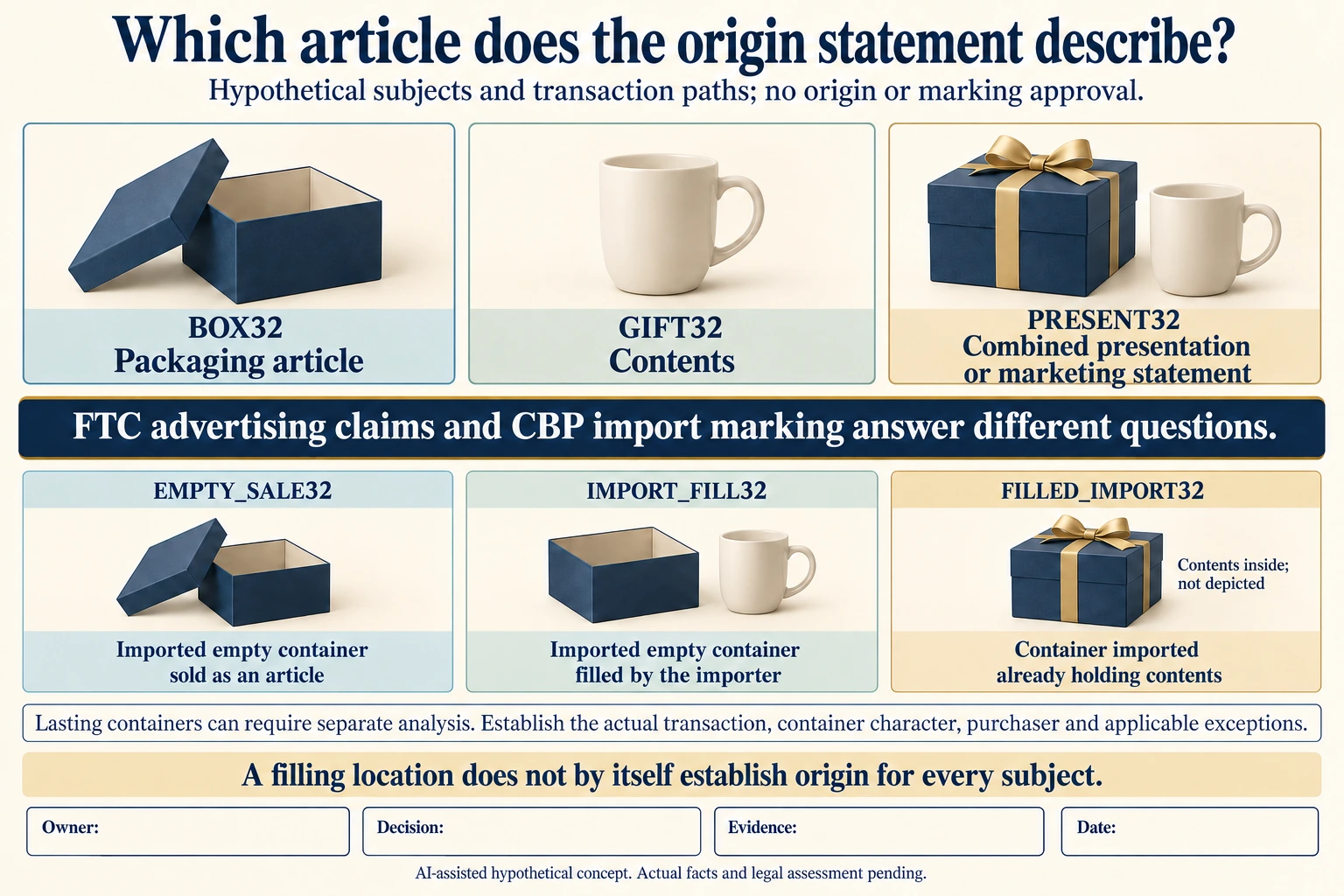 Separate packaging, contents and combined presentation subjects, followed by empty-sale, importer-filling and filled-import transaction scopes; no origin approval.