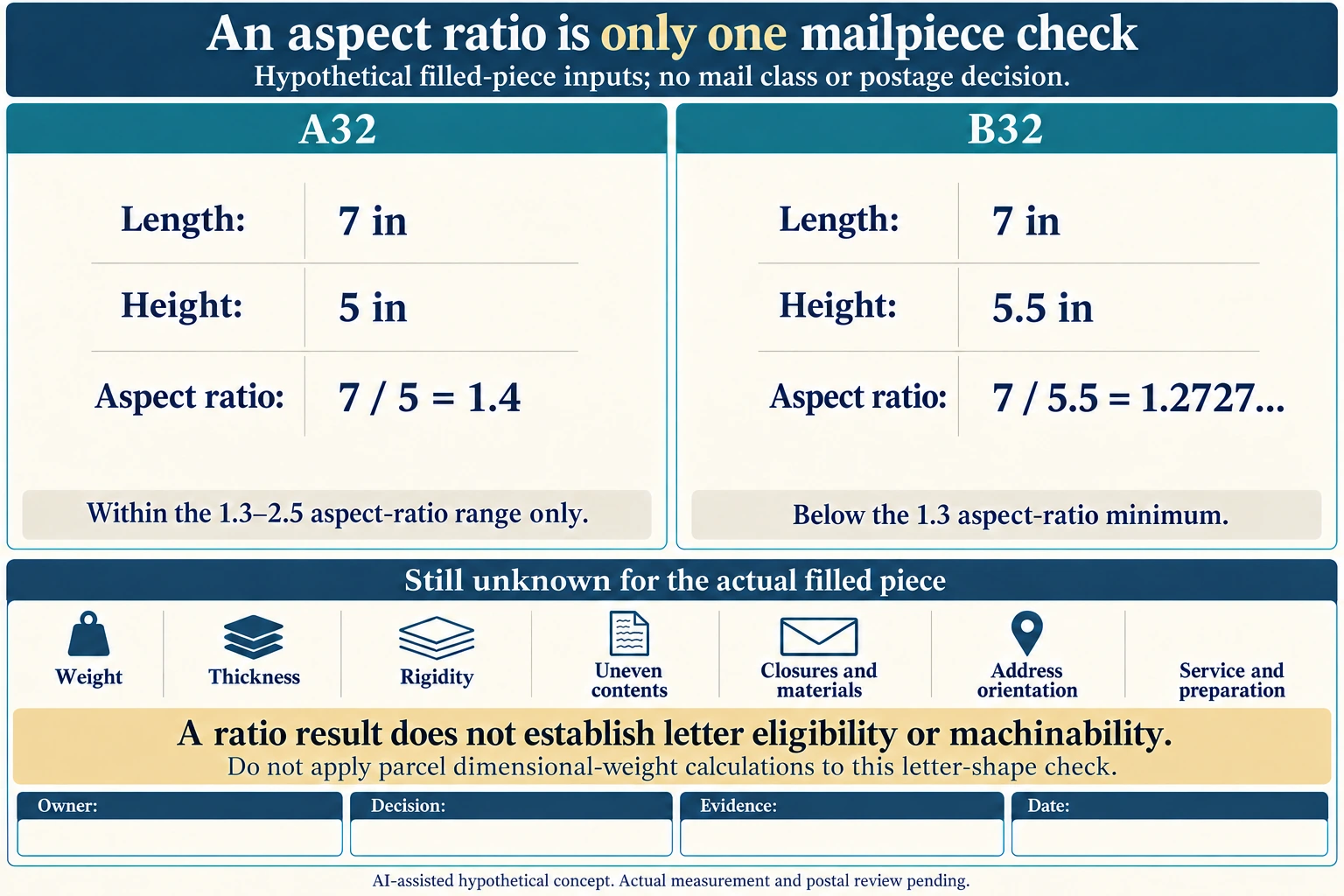 Numerical comparison of hypothetical 7 by 5 inch and 7 by 5.5 inch filled-piece inputs, with aspect ratios 1.4 and approximately 1.2727 and other postal checks unknown.