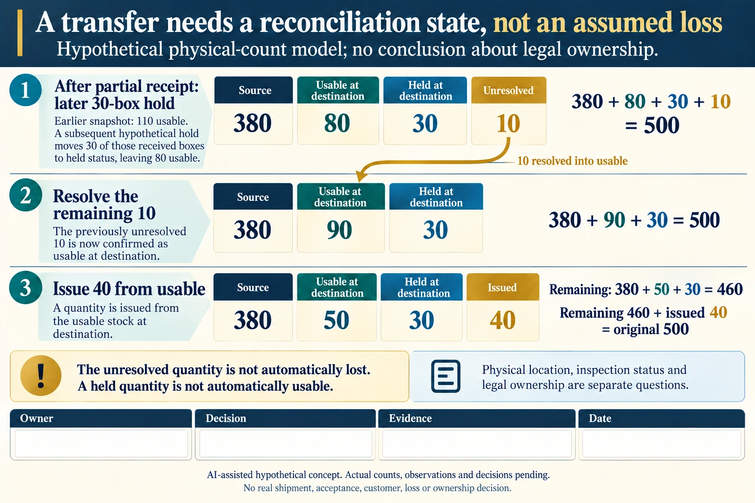 Hypothetical source, usable, held and unresolved quantities after the original partial receipt and a subsequent 30-box hold, followed by resolution and a 40-box usable-stock issue.