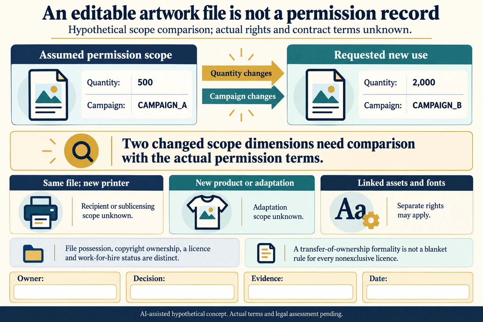 Hypothetical artwork permission comparison from 500 in CAMPAIGN_A to 2,000 in CAMPAIGN_B, with recipient, adaptation and linked-rights questions unknown.