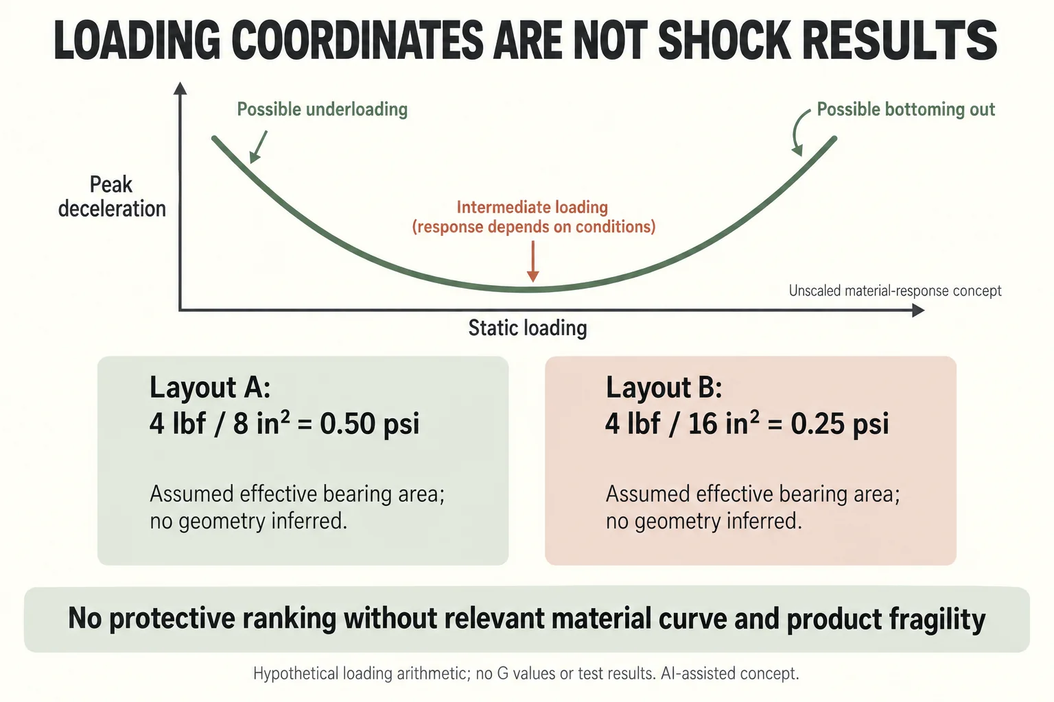 Unscaled qualitative cushion curve separated from four-pound-force loading calculations at 0.50 and 0.25 psi