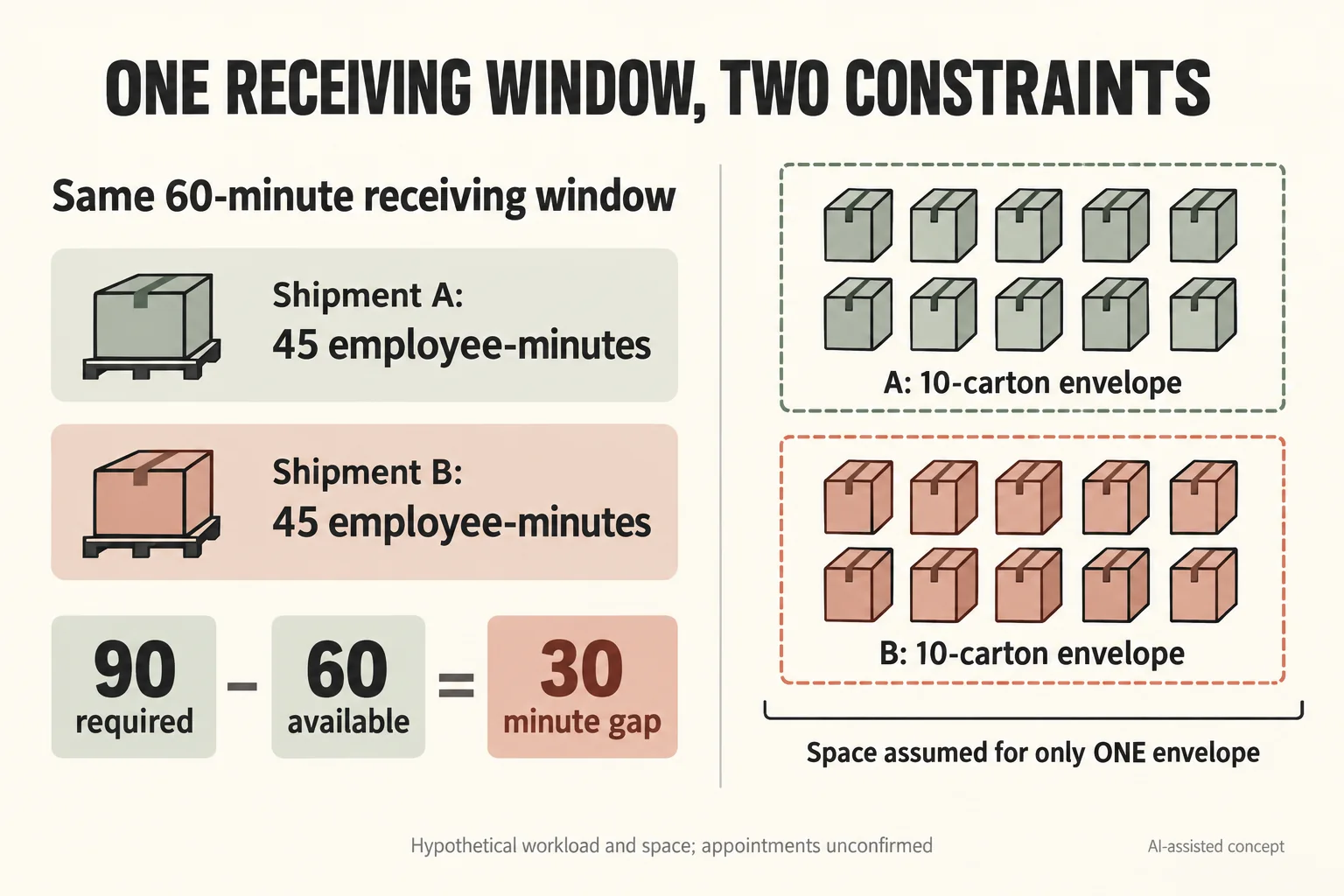 Hypothetical 90 employee-minutes requested against 60 available with two staging envelopes for one space