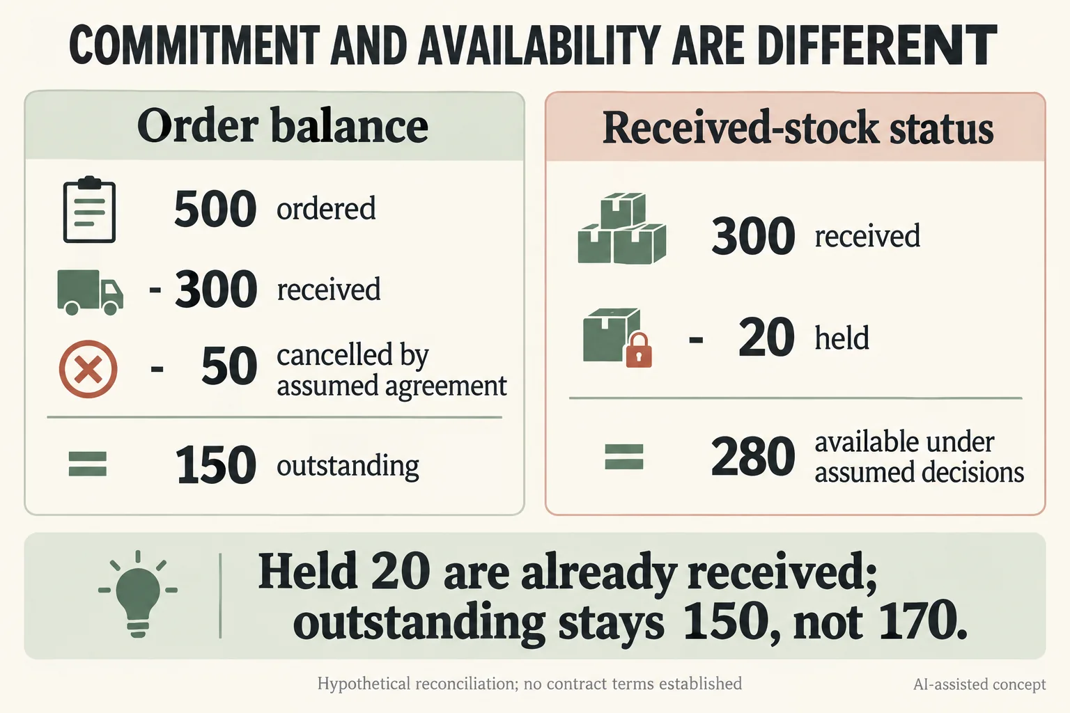 Ordered 500 minus received 300 and cancelled 50 leaves 150 outstanding; received 300 minus held 20 leaves 280