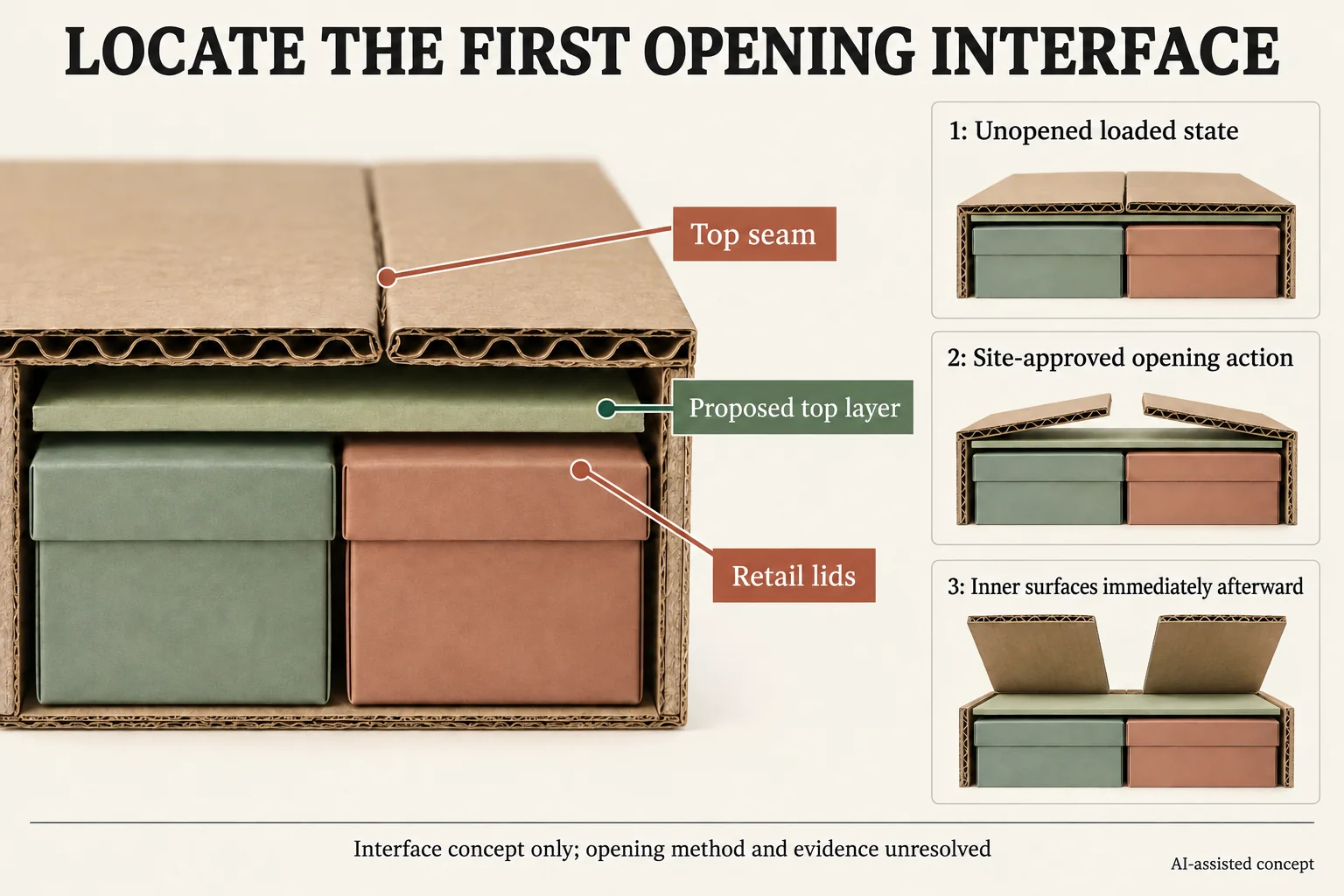 Section locates carton top seam, proposed top layer and retail lids beside first-opening record stages