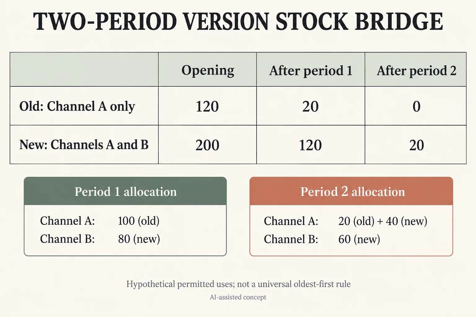 Old stock 120 to 20 to 0 and new stock 200 to120 to 20 across two hypothetical allocation periods