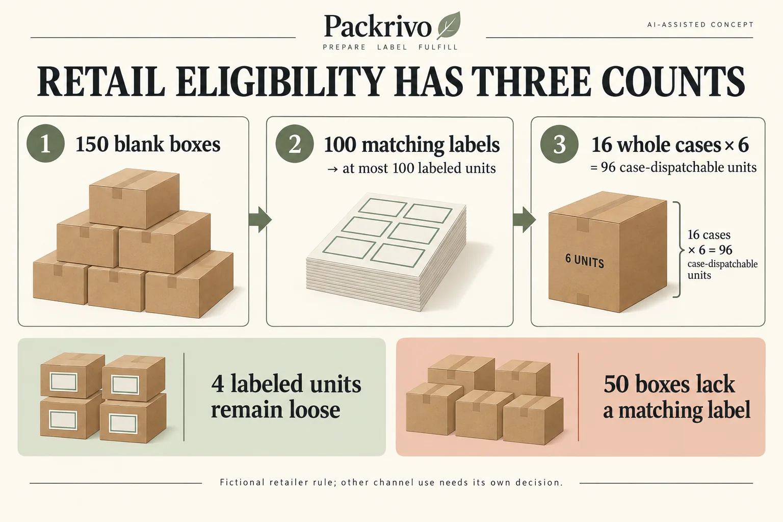 Hypothetical 150 boxes and 100 labels support 100 retail units, 96 case units and four loose labeled units