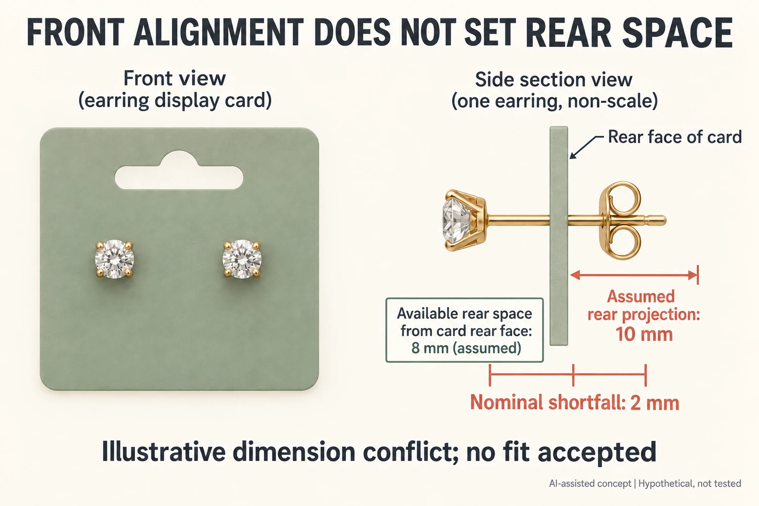 Two front studs and one non-scale side view compare assumed 8 mm rear space with 10 mm rear projection and 2 mm nominal shortfall