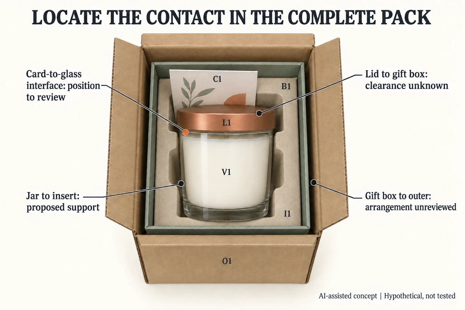 Open-view V1 L1 I1 B1 O1 concept locates four contact questions including card-to-glass position and unknown closed-lid clearance