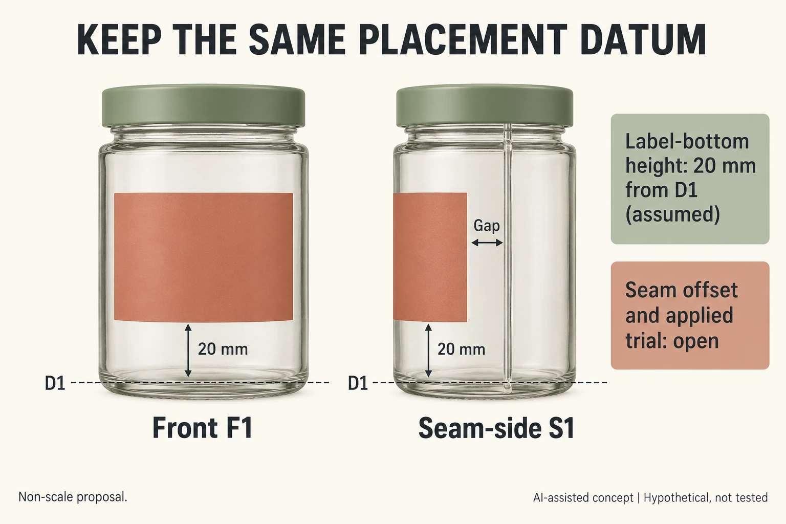 Same V1 front F1 and seam-side S1 views share base datum D1 and assumed 20 mm label-bottom height with seam offset unresolved