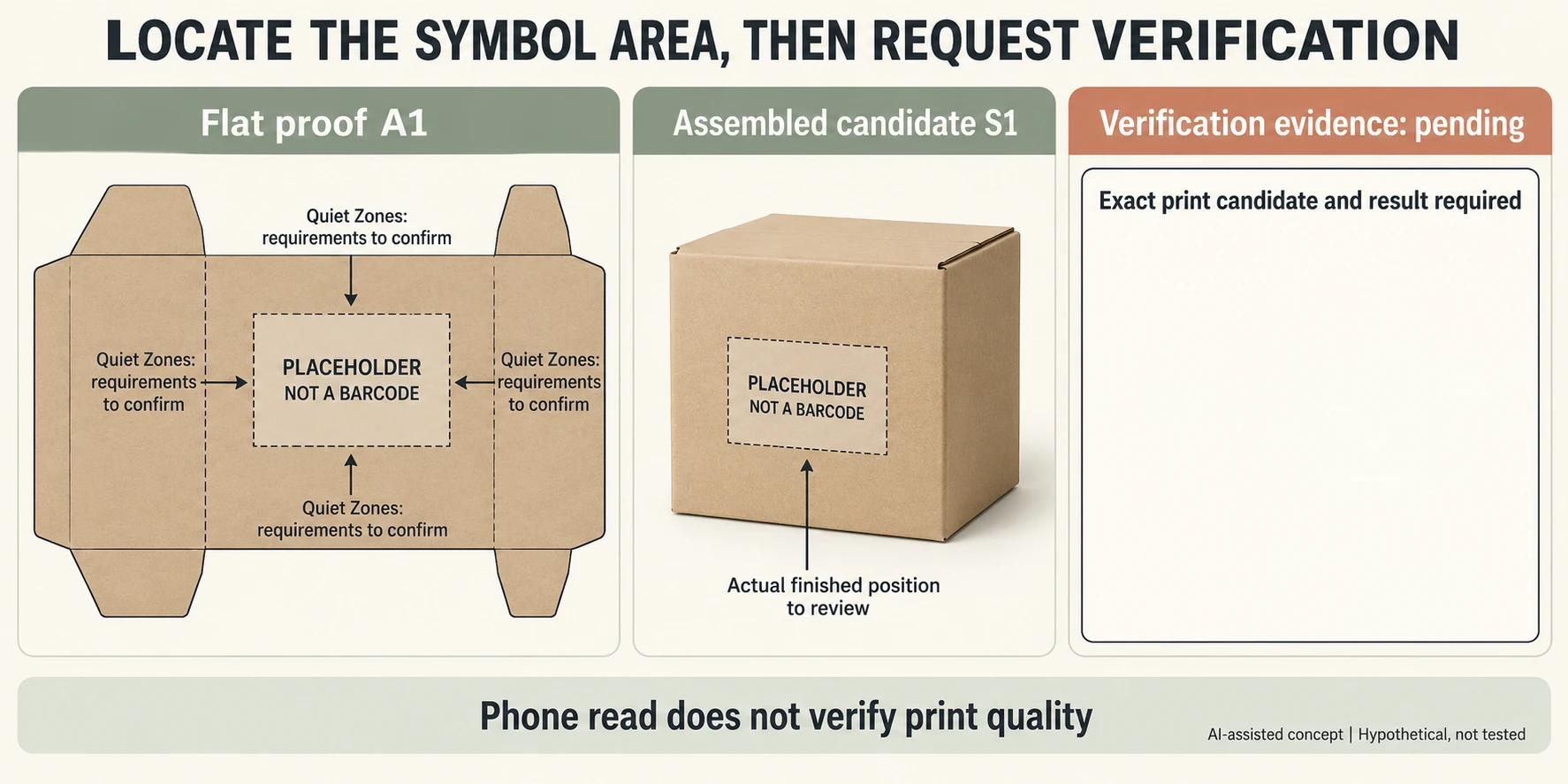 A1 flat proof and S1 assembled box contain a non-barcode placeholder reservation while exact printed verification remains pending