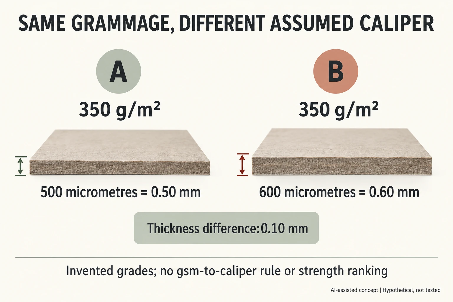 Invented A and B boards both 350g per square metre have respective 500 micrometre 0.50 mm and 600 micrometre 0.60 mm calipers