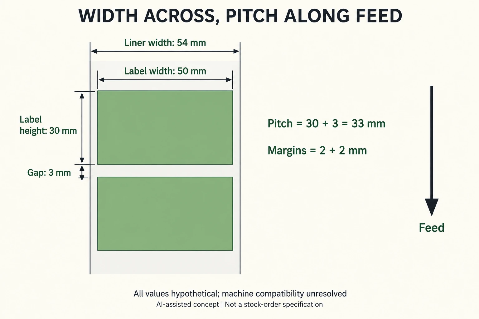Two-label hypothetical web distinguishes 54 mm liner 50 mm face width 2 mm margins and 30 mm height plus 3 mm gap giving 33 mm pitch along feed