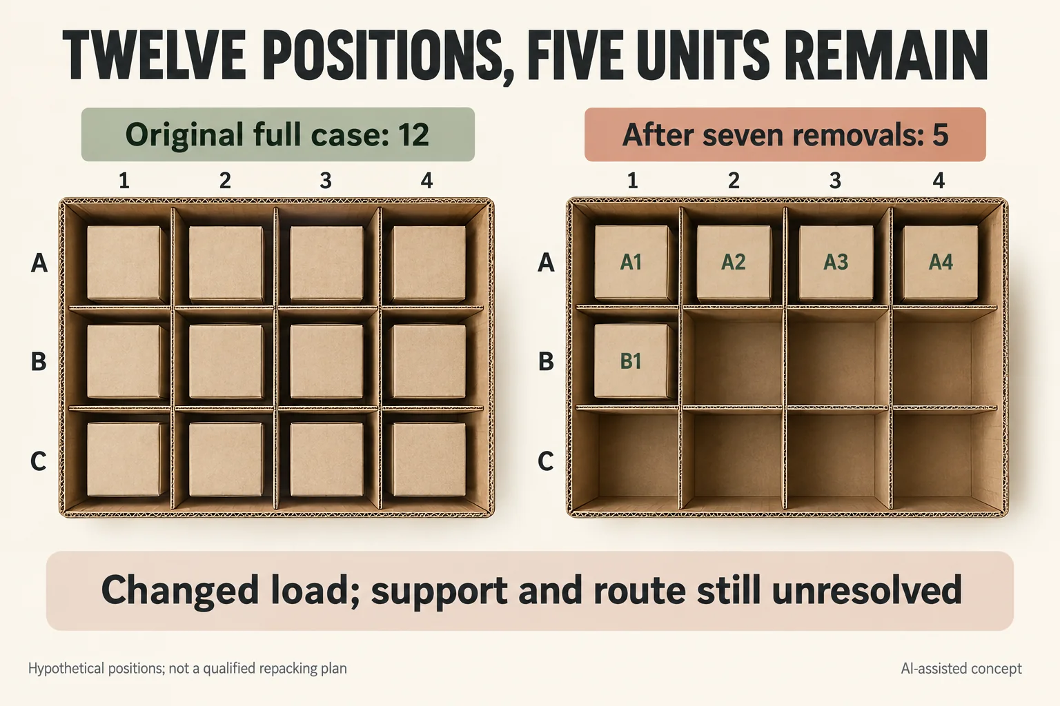 Twelve-position case beside five occupied positions A1 A2 A3 A4 and B1 after seven removals