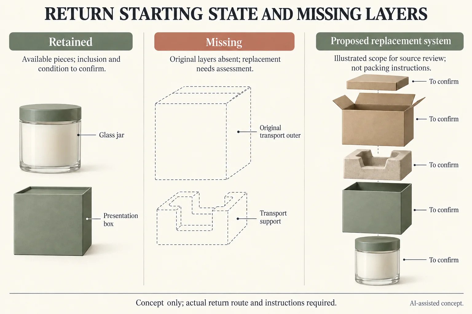 Retained jar and gift box beside missing transport layers and a replacement system still to confirm