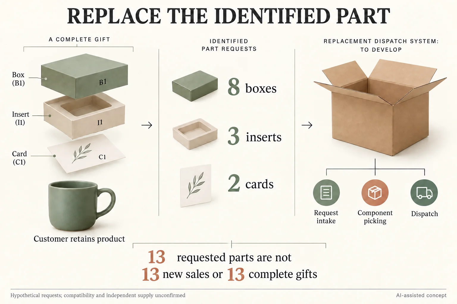 Identified replacement box B1 insert I1 and card C1 with separate component requests and dispatch proposal