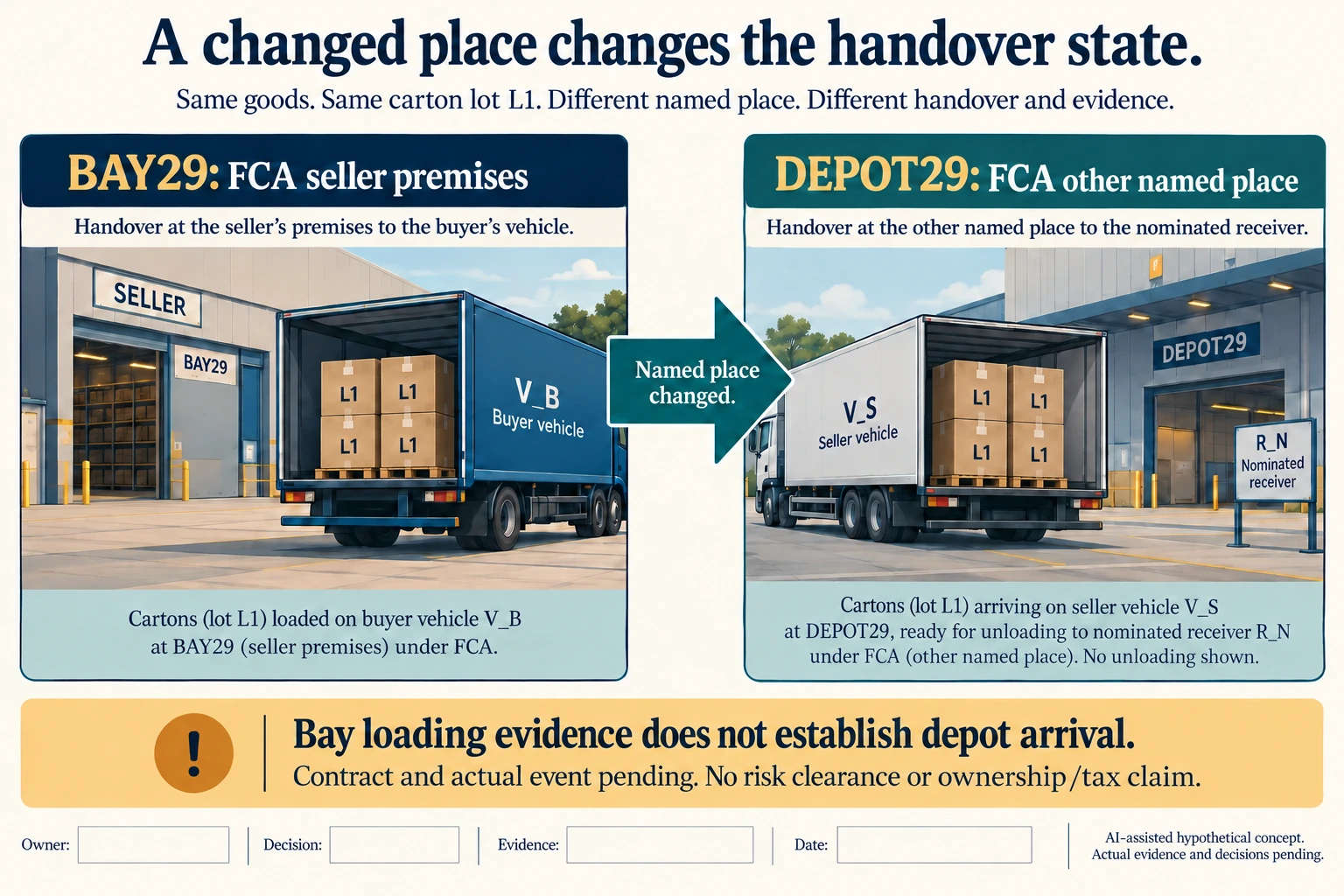 Hypothetical teaching diagram: changing the named place changes which vehicle state matters. Actual evidence and decisions pending; no real measurement or approved result.
