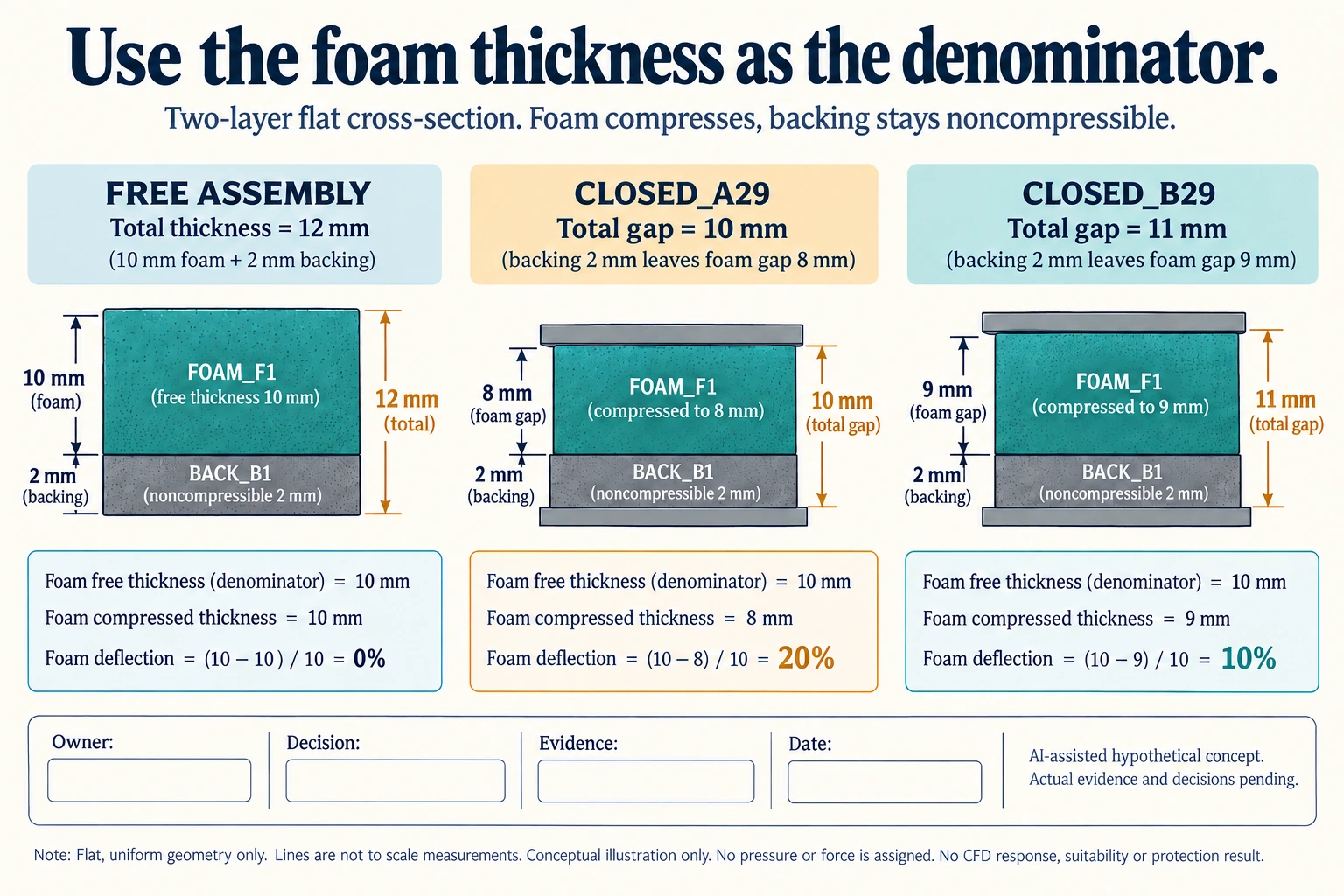 Hypothetical teaching diagram: subtract a separate backing before calculating foam deflection. Actual evidence and decisions pending; no real measurement or approved result.