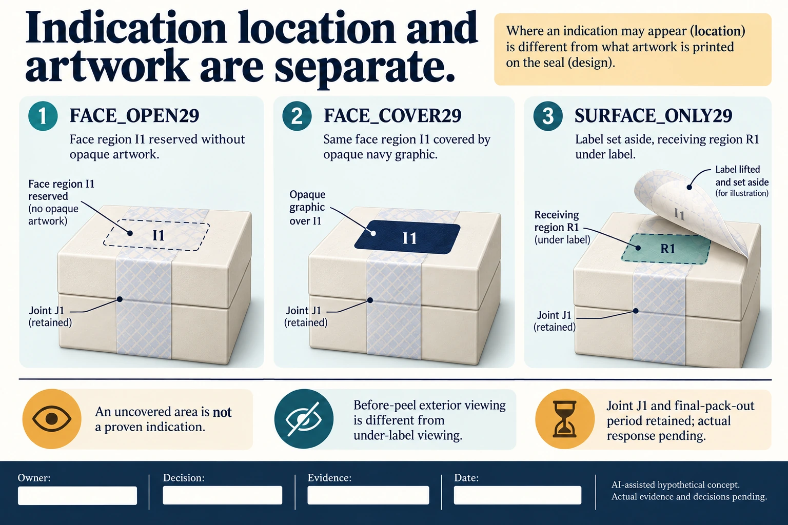 Hypothetical teaching diagram: artwork coverage can hide the required indication location. Actual evidence and decisions pending; no real measurement or approved result.