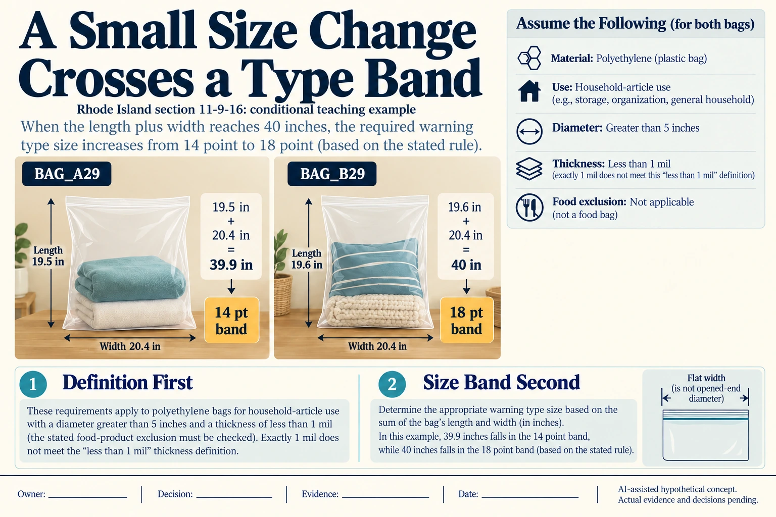 Hypothetical teaching diagram: a small size revision can cross the warning-type band. Actual evidence and decisions pending; no real measurement or approved result.